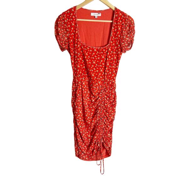 Louna Red Floral Print Mesh Ruched Short Sleeve Scoop Neck Mini Dress Size M - Picture 4 of 13